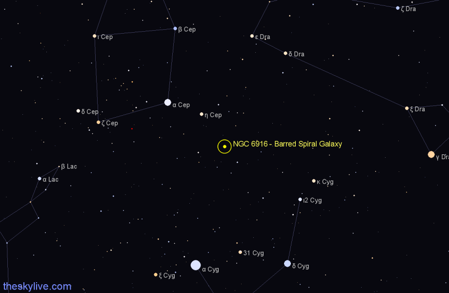 Finder chart NGC 6916 - Barred Spiral Galaxy in Cygnus star