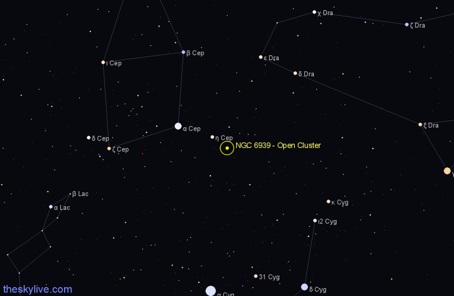Finder chart NGC 6939 - Open Cluster in Cepheus star
