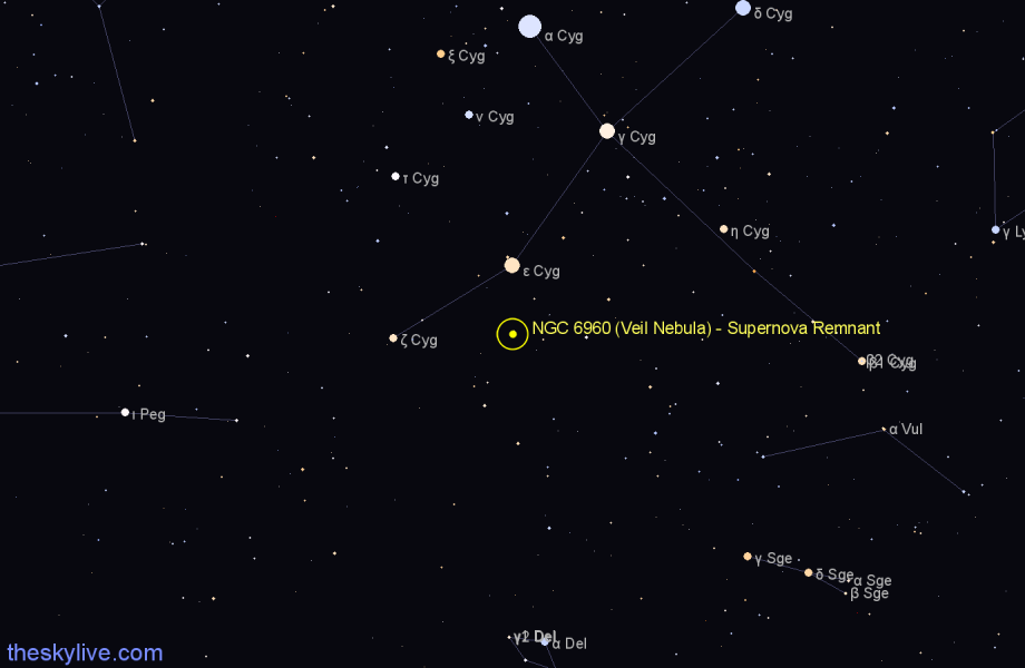 Finder chart NGC 6960 (Veil Nebula) - Supernova Remnant in Cygnus star