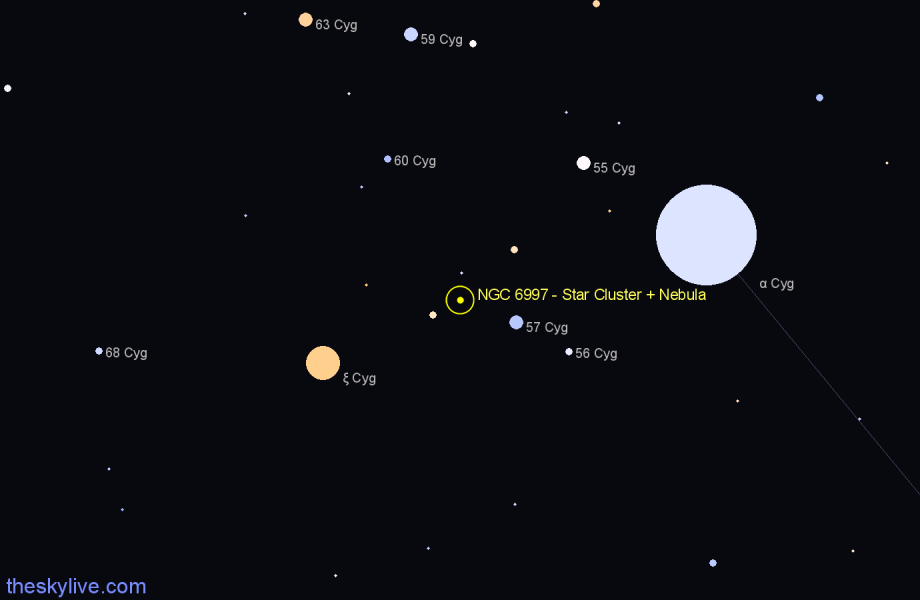 Finder chart NGC 6997 - Star Cluster + Nebula in Cygnus star