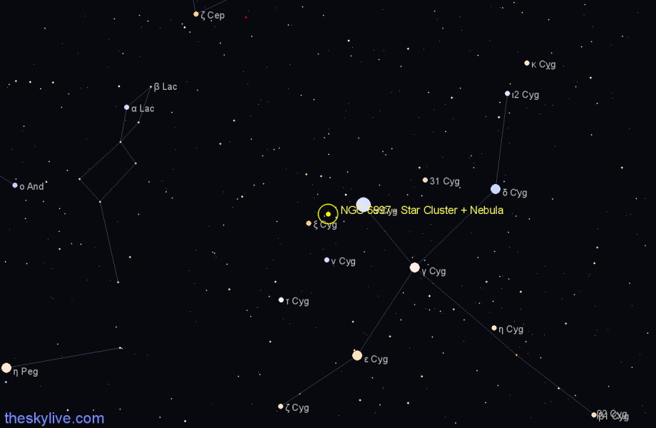 Finder chart NGC 6997 - Star Cluster + Nebula in Cygnus star