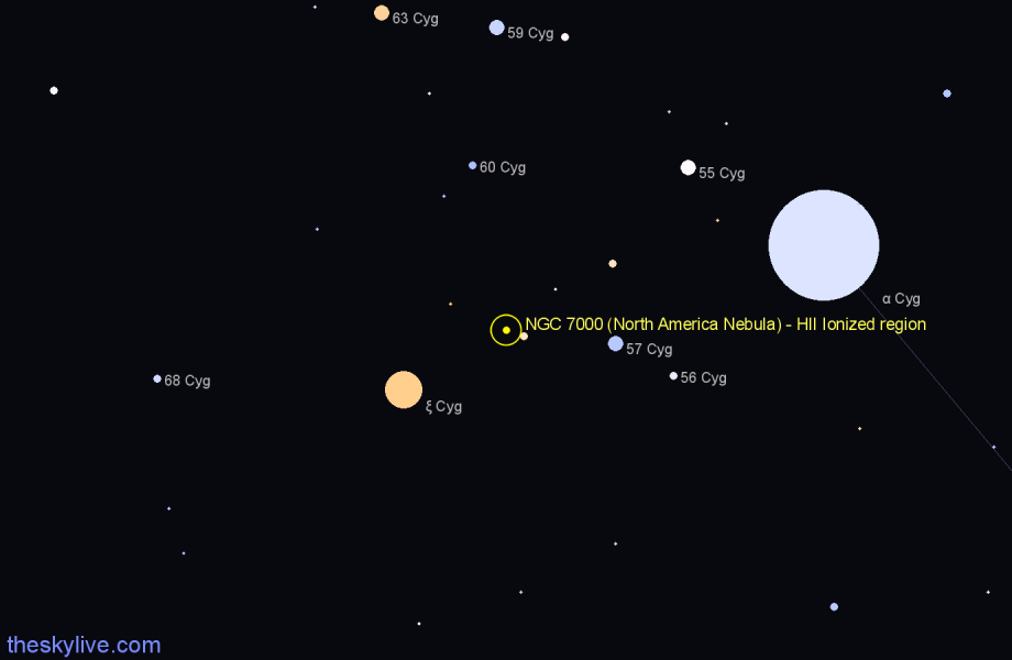 Finder chart NGC 7000 (North America Nebula) - HII Ionized region in Cygnus star