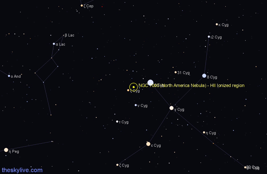 Finder chart NGC 7000 (North America Nebula) - HII Ionized region in Cygnus star