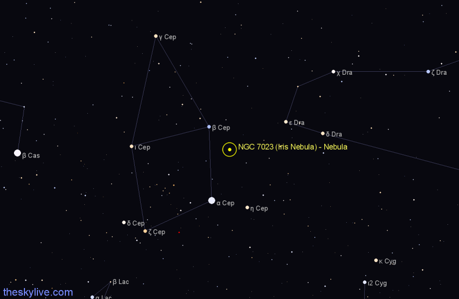 Finder chart NGC 7023 (Iris Nebula) - Nebula in Cepheus star