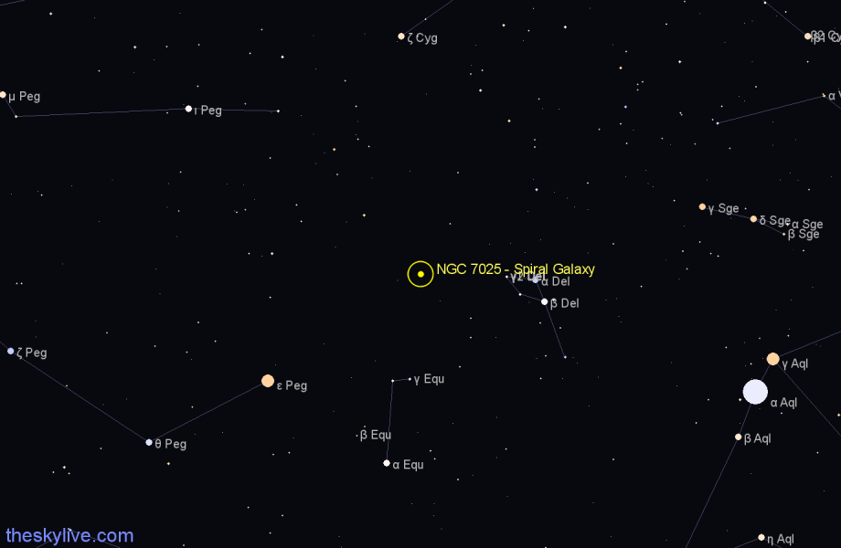 Finder chart NGC 7025 - Spiral Galaxy in Delphinus star