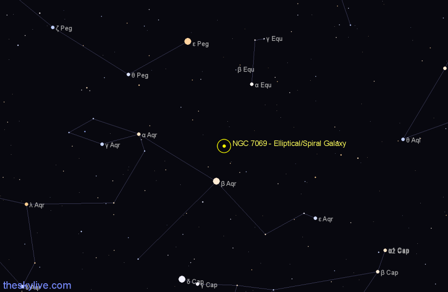 Finder chart NGC 7069 - Elliptical/Spiral Galaxy in Aquarius star