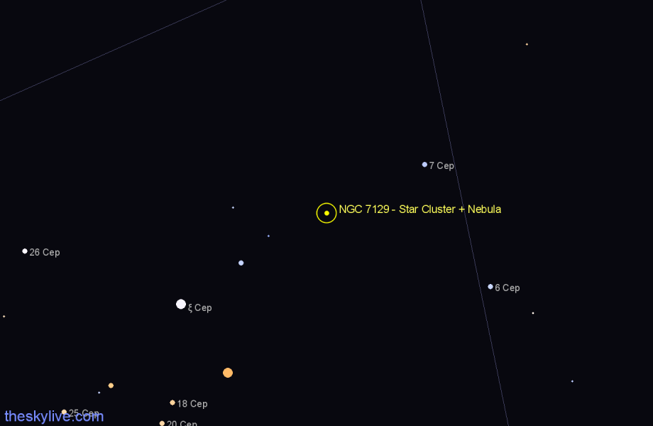 Finder chart NGC 7129 - Star Cluster + Nebula in Cepheus star