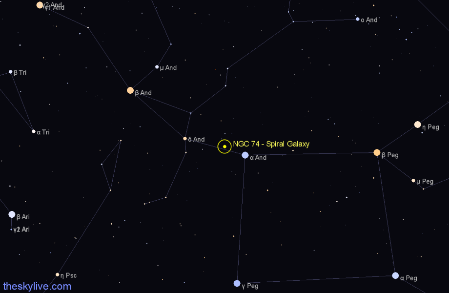 Finder chart NGC 74 - Spiral Galaxy in Andromeda star