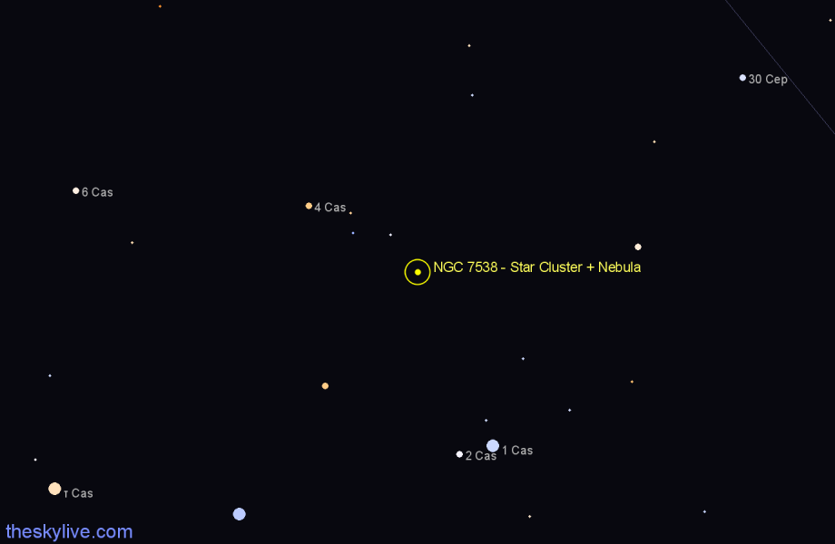 Finder chart NGC 7538 - Star Cluster + Nebula in Cepheus star