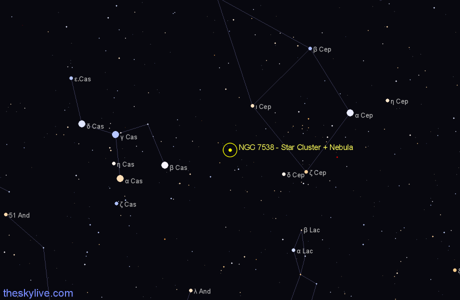 Finder chart NGC 7538 - Star Cluster + Nebula in Cepheus star