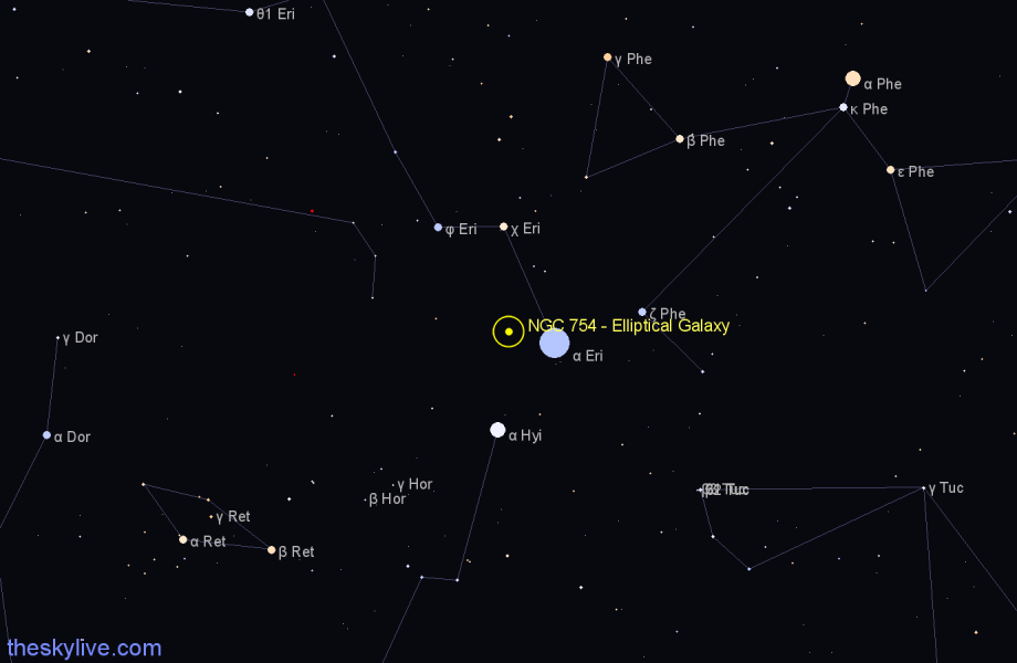 Finder chart NGC 754 - Elliptical Galaxy in Eridanus star