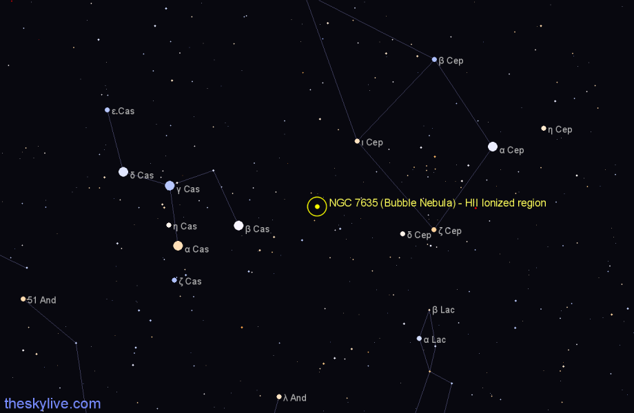 Finder chart NGC 7635 (Bubble Nebula) - HII Ionized region in Cassiopeia star