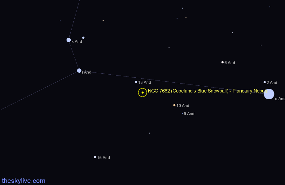 Finder chart NGC 7662 (Copeland's Blue Snowball) - Planetary Nebula in Andromeda star