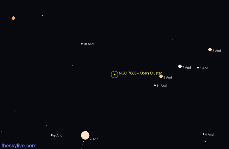 Finder chart NGC 7686 - Open Cluster in Andromeda star