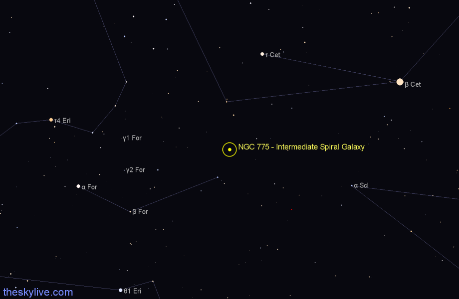 Finder chart NGC 775 - Intermediate Spiral Galaxy in Fornax star