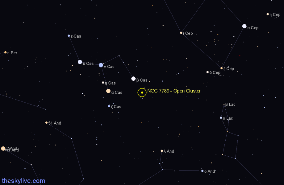 Finder chart NGC 7789 - Open Cluster in Cassiopeia star