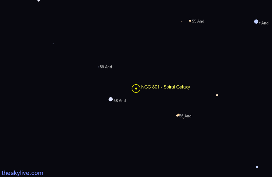 Finder chart NGC 801 - Spiral Galaxy in Andromeda star