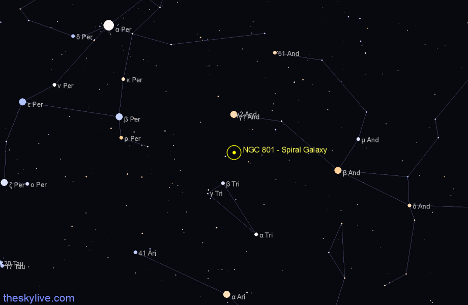 Finder chart NGC 801 - Spiral Galaxy in Andromeda star