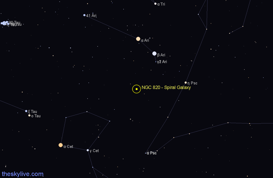 Finder chart NGC 820 - Spiral Galaxy in Aries star
