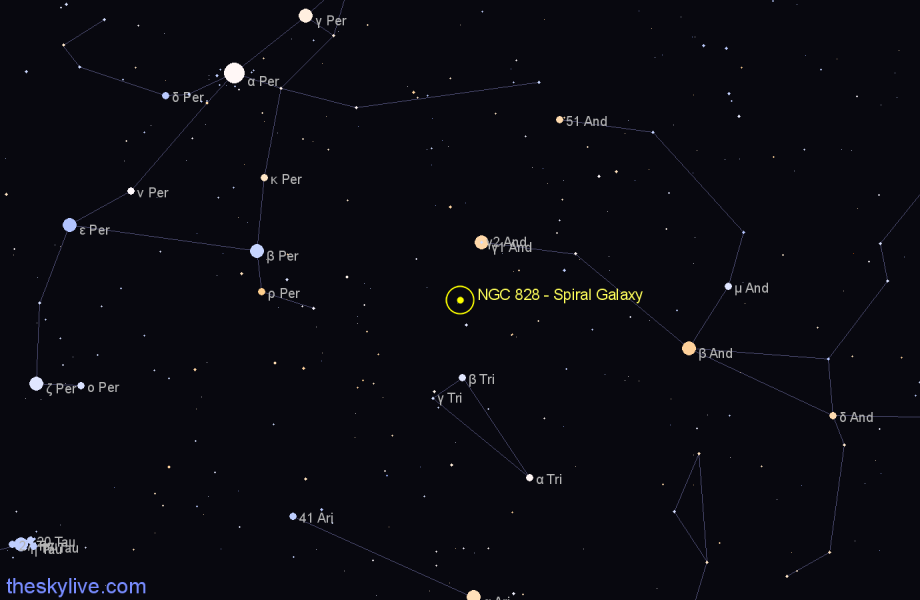 Finder chart NGC 828 - Spiral Galaxy in Andromeda star