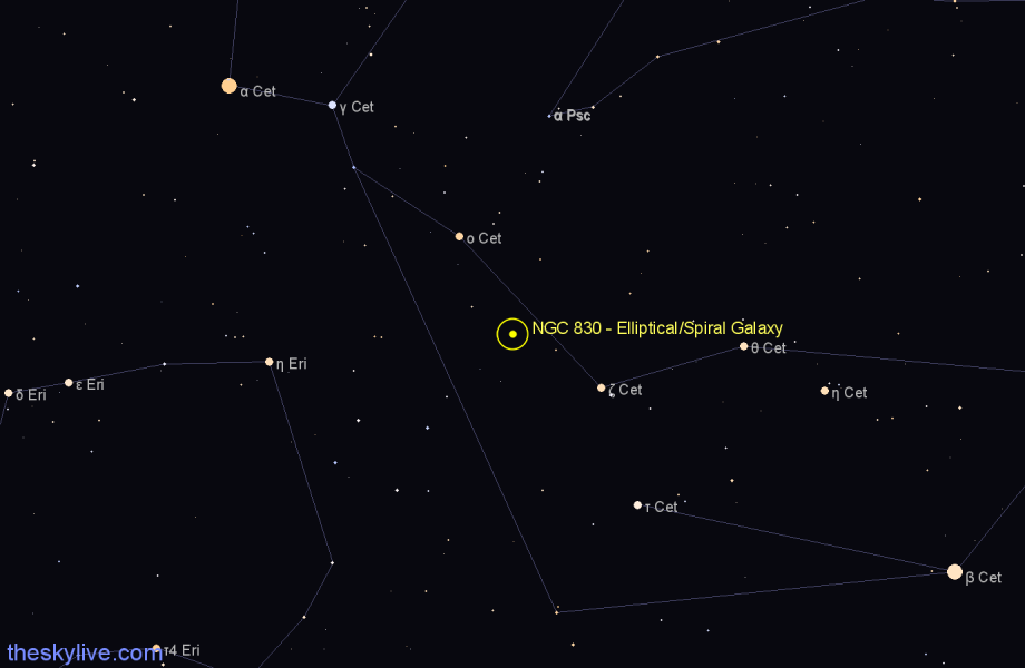 Finder chart NGC 830 - Elliptical/Spiral Galaxy in Cetus star