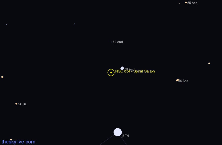Finder chart NGC 834 - Spiral Galaxy in Andromeda star