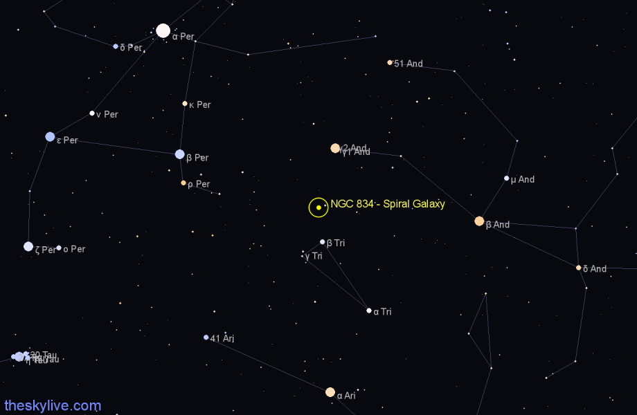 Finder chart NGC 834 - Spiral Galaxy in Andromeda star