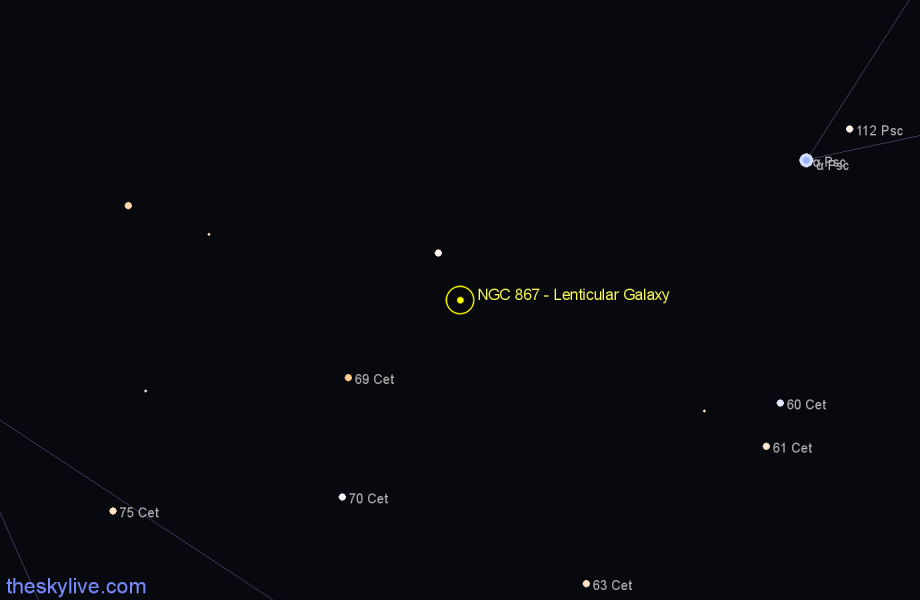 Finder chart NGC 867 - Lenticular Galaxy in Cetus star