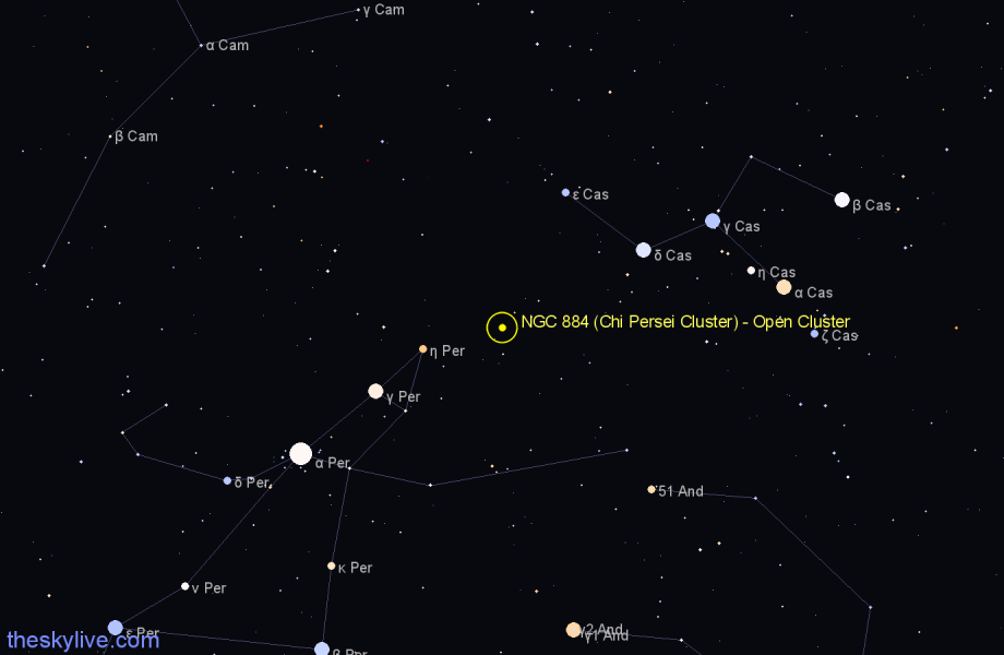 Finder chart NGC 884 (Chi Persei Cluster) - Open Cluster in Perseus star