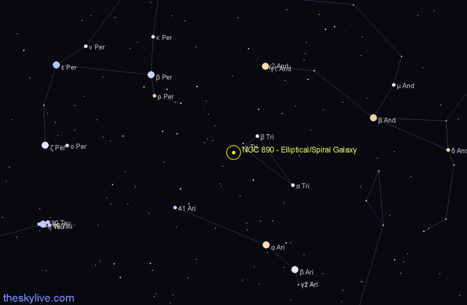 Finder chart NGC 890 - Elliptical/Spiral Galaxy in Triangulum star