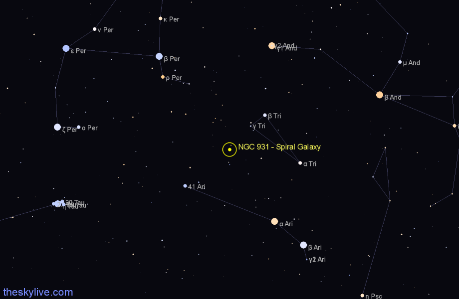 Finder chart NGC 931 - Spiral Galaxy in Triangulum star