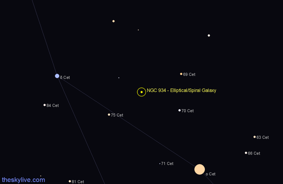 Finder chart NGC 934 - Elliptical/Spiral Galaxy in Cetus star