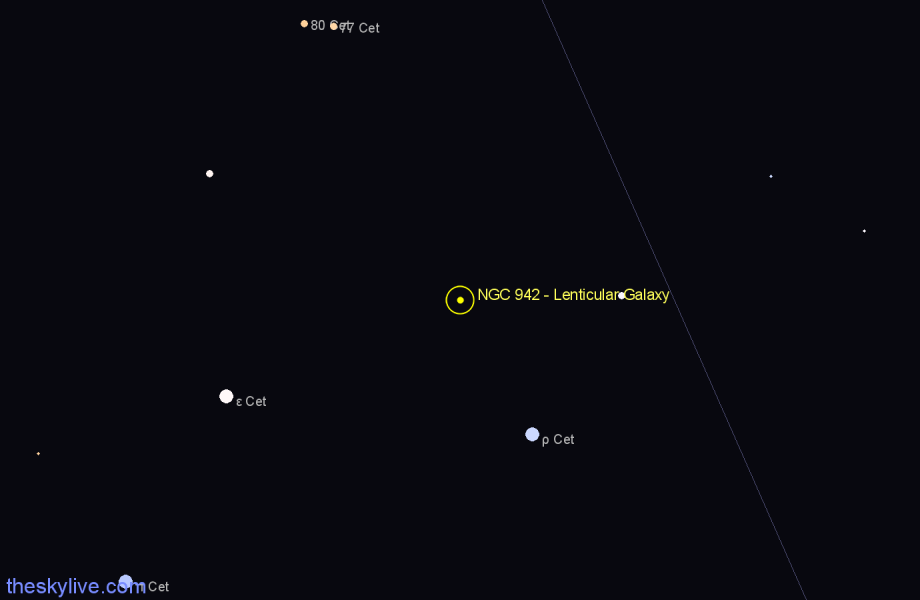 Finder chart NGC 942 - Lenticular Galaxy in Cetus star