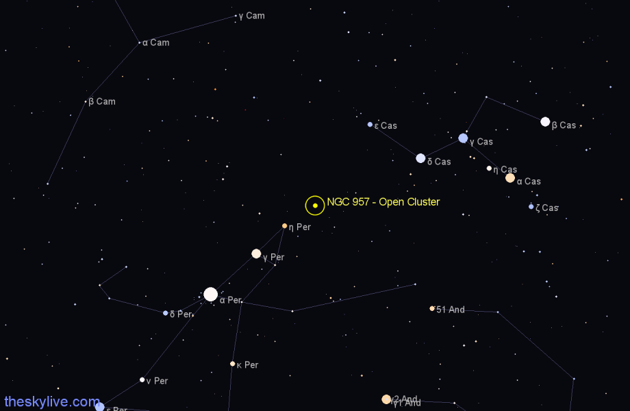 Finder chart NGC 957 - Open Cluster in Perseus star