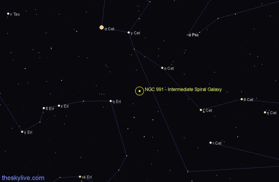 Finder chart NGC 991 - Intermediate Spiral Galaxy in Cetus star