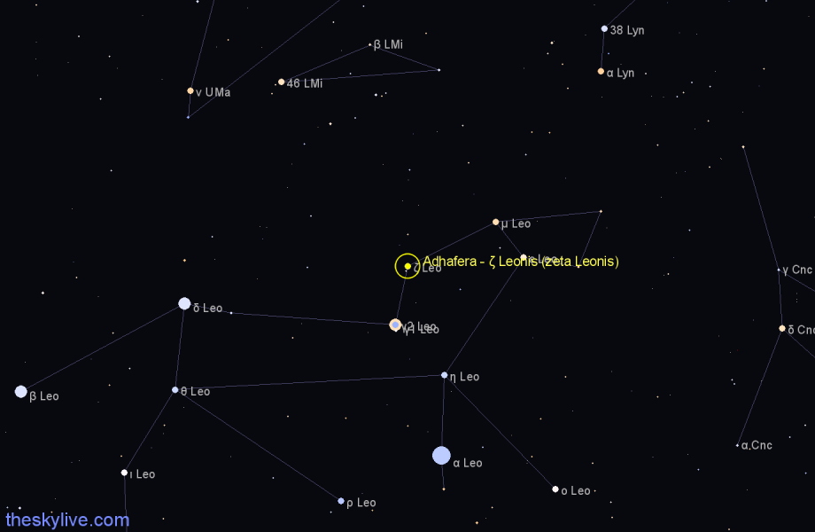 Finder chart Adhafera - ζ Leonis (zeta Leonis) star