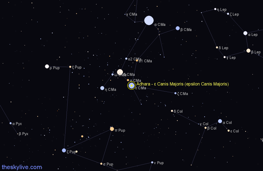 Finder chart Adhara - ε Canis Majoris (epsilon Canis Majoris) star