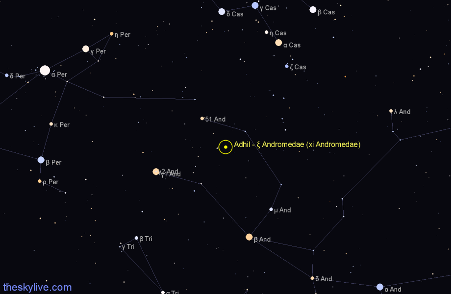 Finder chart Adhil - ξ Andromedae (xi Andromedae) star