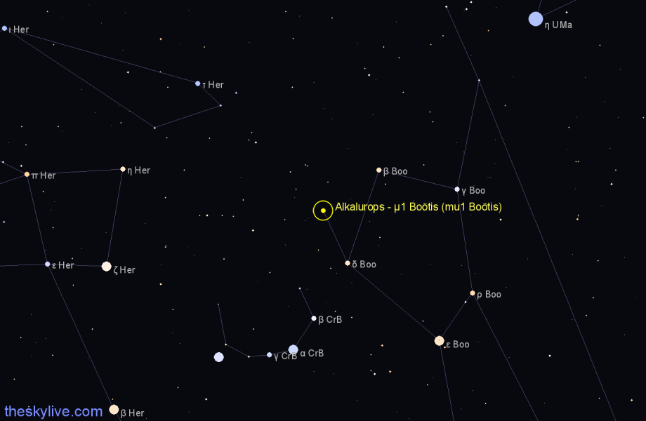 Finder chart Alkalurops - μ1 Boötis (mu1 Boötis) star