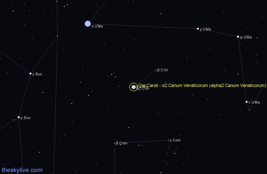 Finder chart Cor Caroli - α2 Canum Venaticorum (alpha2 Canum Venaticorum) star