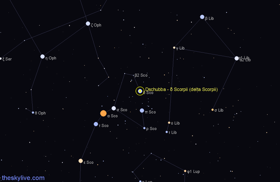 Finder chart Dschubba - δ Scorpii (delta Scorpii) star