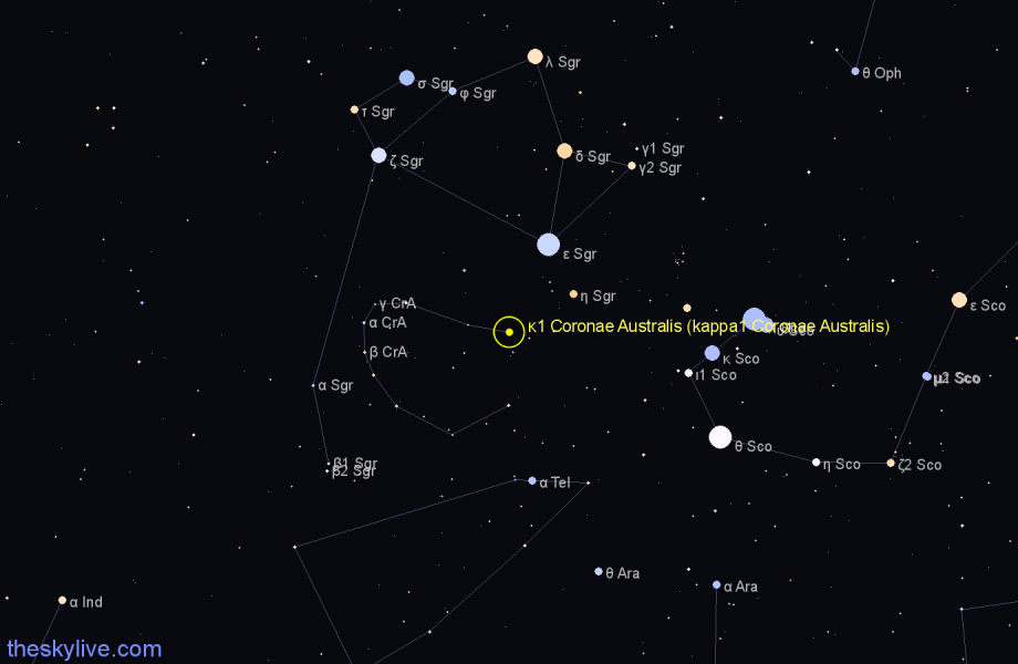 Finder chart κ1 Coronae Australis (kappa1 Coronae Australis) star