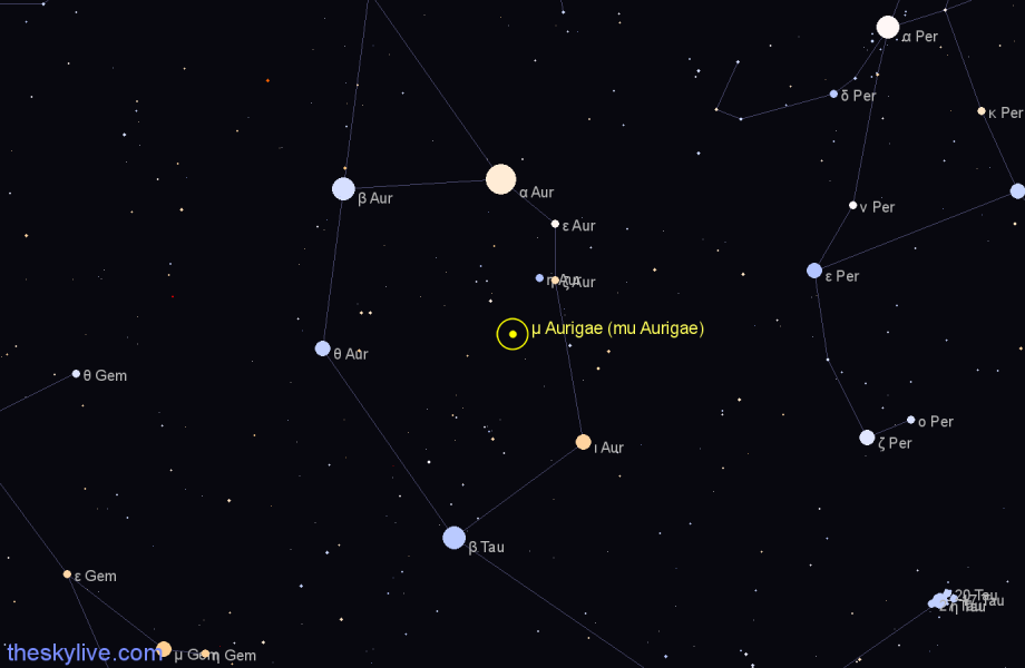 Finder chart μ Aurigae (mu Aurigae) star