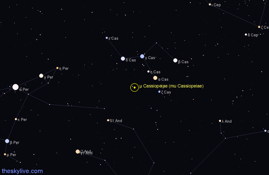 Finder chart μ Cassiopeiae (mu Cassiopeiae) star