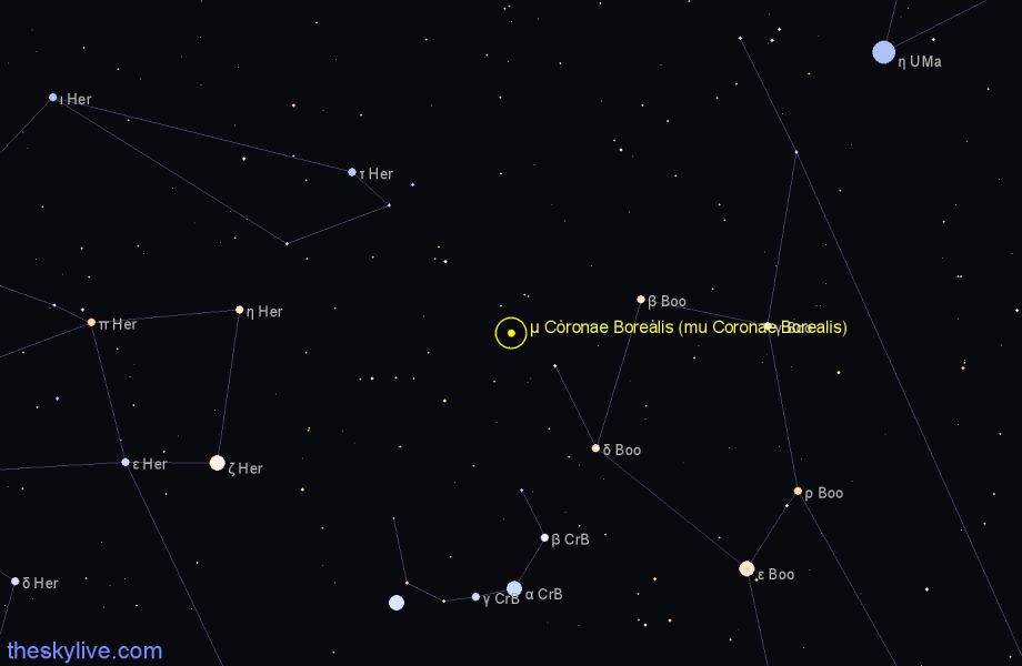 Finder chart μ Coronae Borealis (mu Coronae Borealis) star