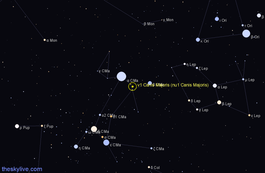 Finder chart ν1 Canis Majoris (nu1 Canis Majoris) star