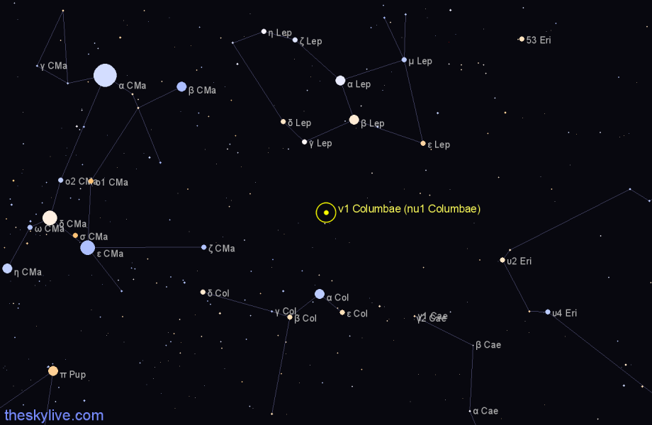 Finder chart ν1 Columbae (nu1 Columbae) star