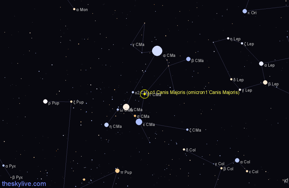 Finder chart ο1 Canis Majoris (omicron1 Canis Majoris) star