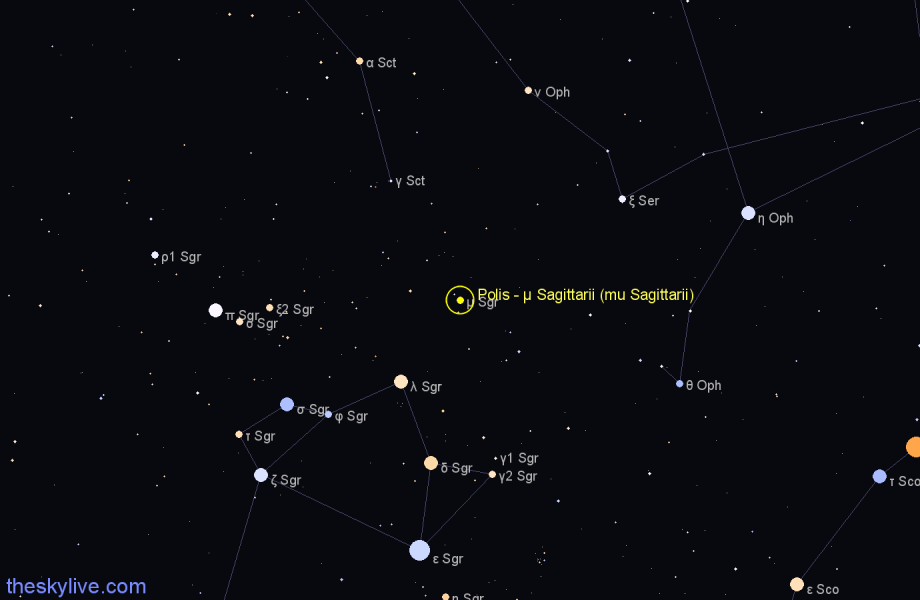 Finder chart Polis - μ Sagittarii (mu Sagittarii) star