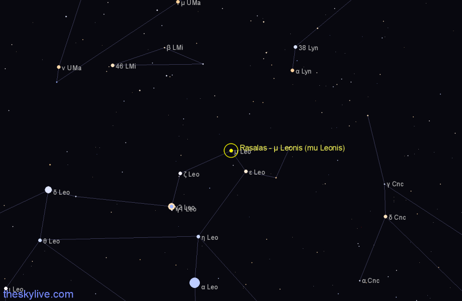 Finder chart Rasalas - μ Leonis (mu Leonis) star